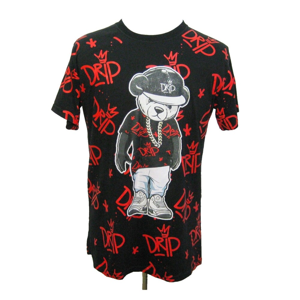 Drip Bear Streetwear T-Shirt Mens Large Black Red Short Sleeve All Over Graphic